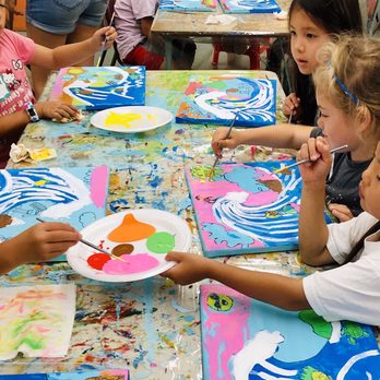 Children working together on colorful paintings in an art class